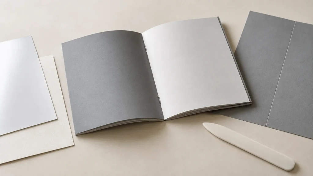 Open saddle-stitched booklet with a dark gray cover and blank white page, surrounded by loose white and gray cardstock sheets and a white bone folder on a neutral surface.