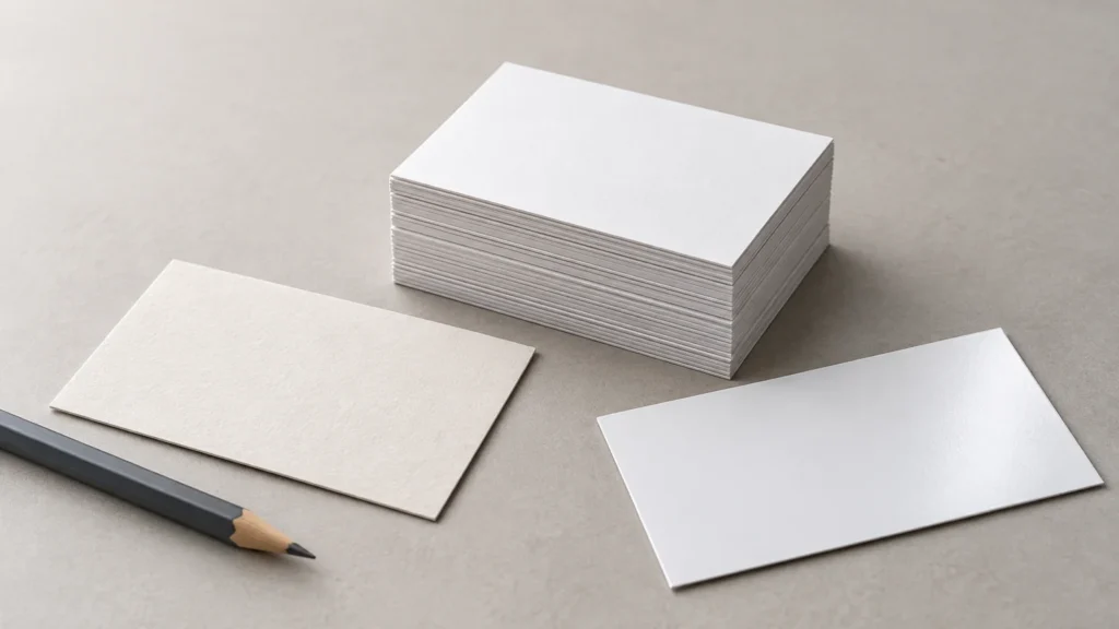 Stack of blank white cardstock with two loose rectangular paper samples, one textured cream and one smooth white, beside a pencil on a neutral tabletop.