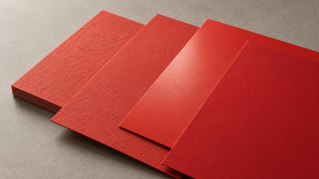 Overlapping red paper sheets in several textures and finishes on a neutral surface.