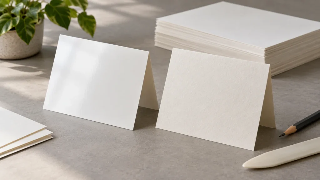 Two blank folded cardstock tent cards stand on a gray work surface: the left card has a smooth glossy white finish, while the right has a visibly textured matte off-white surface. Stacks of paper, a pencil, a white scoring tool, and a potted plant sit nearby.