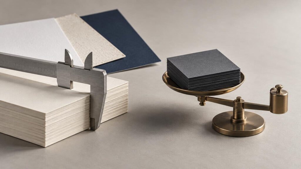Studio still life of a metal caliper measuring a thick stack of white paper beside a brass balance scale holding stacked dark paper squares, with loose textured sheets behind.