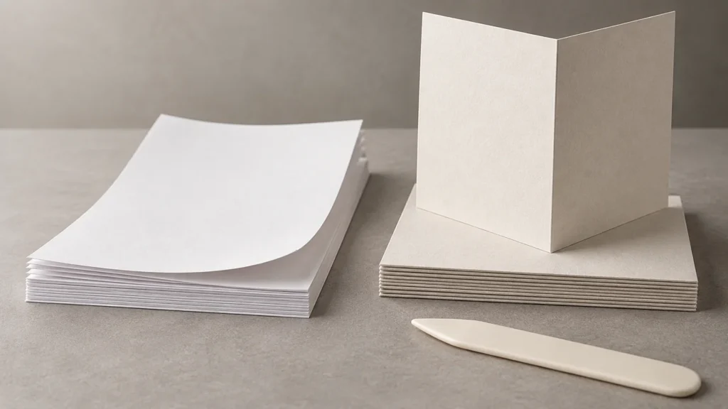 Two unmarked white paper stacks sit on a gray tabletop: a taller stack of thin flexible sheets on the left and a shorter stack of thicker sheets on the right, with one thick sheet standing folded upright. A white bone-folder tool lies in the foreground.