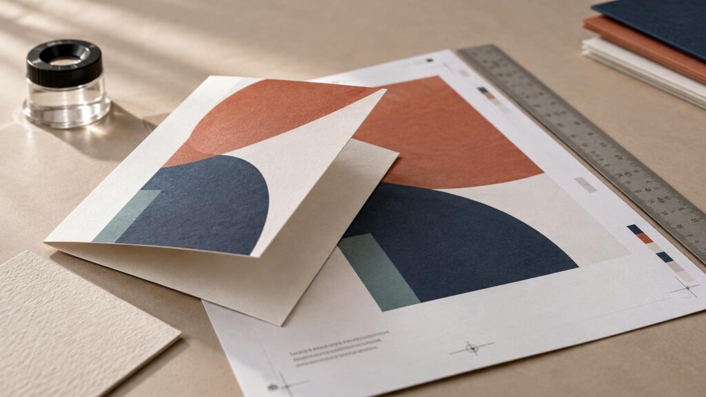Close-up of a folded printed proof with abstract rust and navy shapes resting on a larger proof sheet with color swatches and crop marks, beside a metal ruler and magnifying loupe.