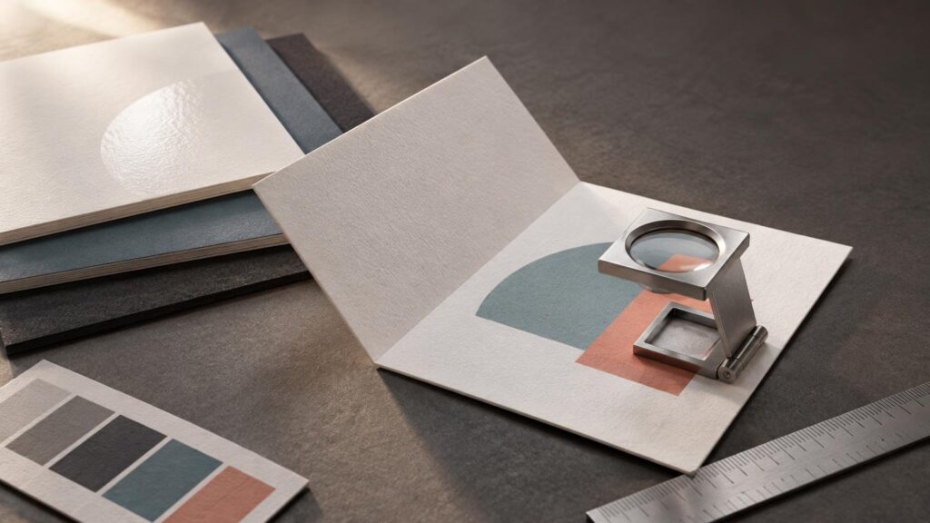 Close-up of textured cardstock samples, an open folded print with muted blue and coral shapes, a metal magnifier stand, and a metal ruler on a dark work surface.