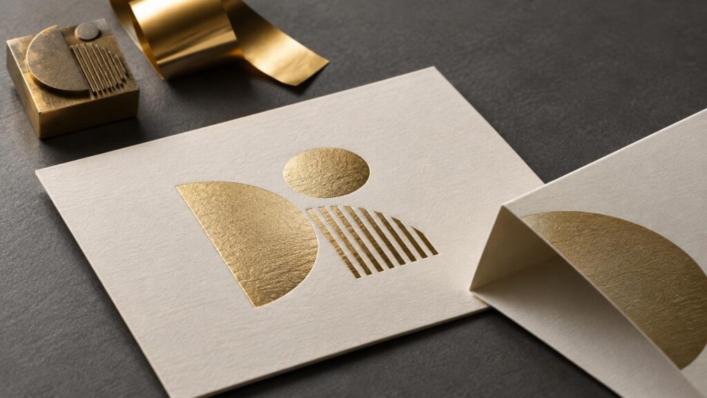Close-up of textured white cardstock with gold metallic geometric foil shapes, a folded sample card, a curled strip of gold foil, and a metal stamping die on a dark work surface.