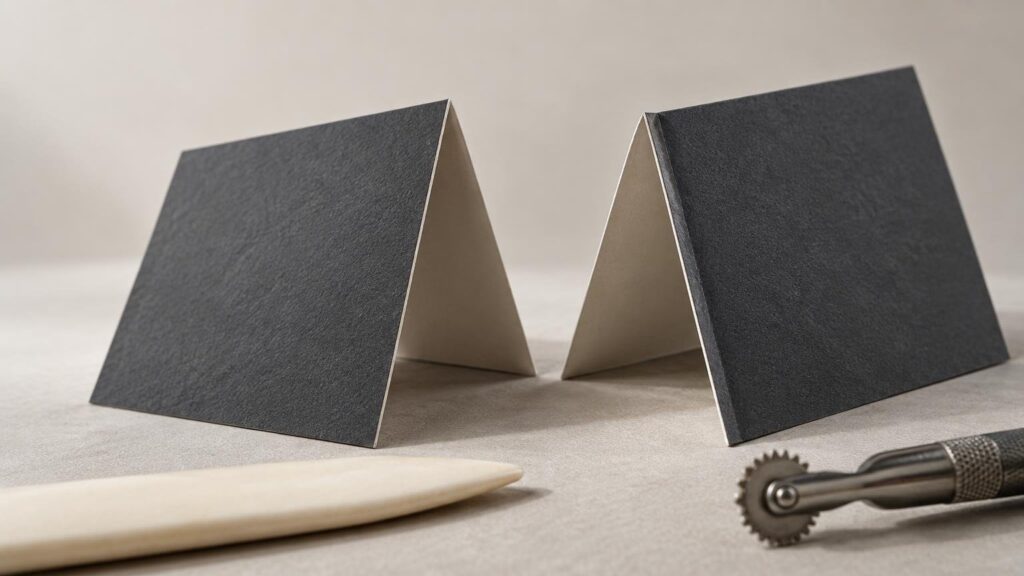 Two folded pieces of dark textured cardstock standing in tent shapes on a neutral work surface, with a bone folder and metal scoring wheel in the foreground.