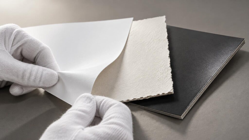White-gloved hands flex a smooth white sheet over a rough-edged textured paper sample and a stack of dark layered cardstock on a gray studio surface.